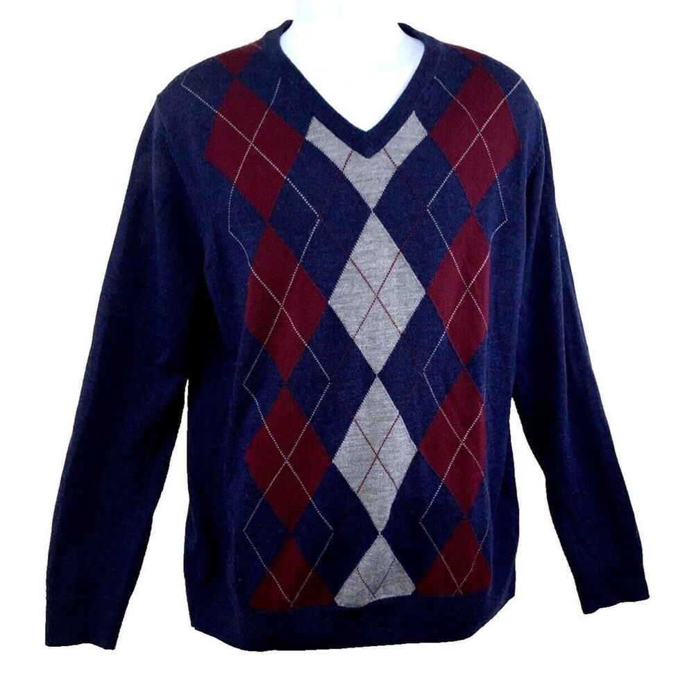 Nordstrom 100% Extra Fine Merino Wool Argyle Retro V Neck Soft Sweater Men's XL